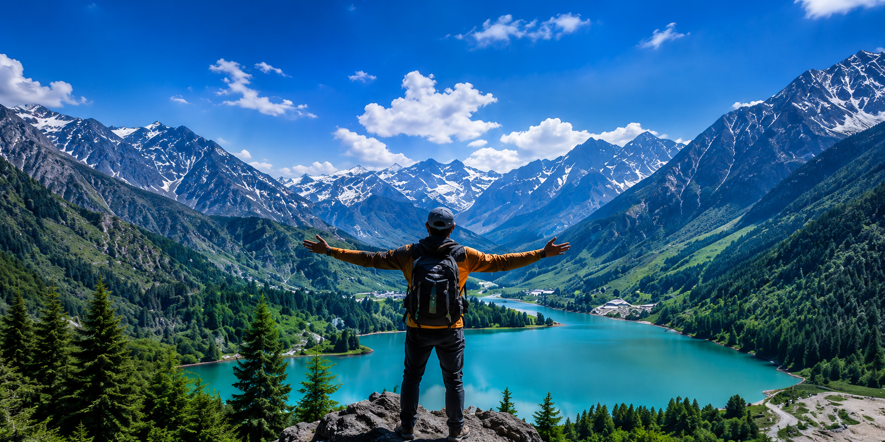 Traveller with open arms above a turquoise lake surrounded by snow-capped mountains