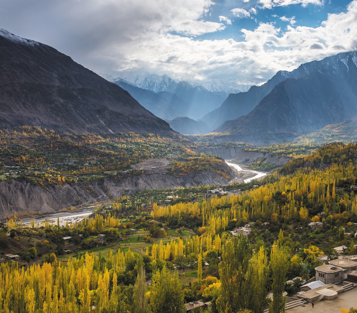 Panoramic view of Hunza Valley showcasing snow-capped peaks and lush green terraced fields