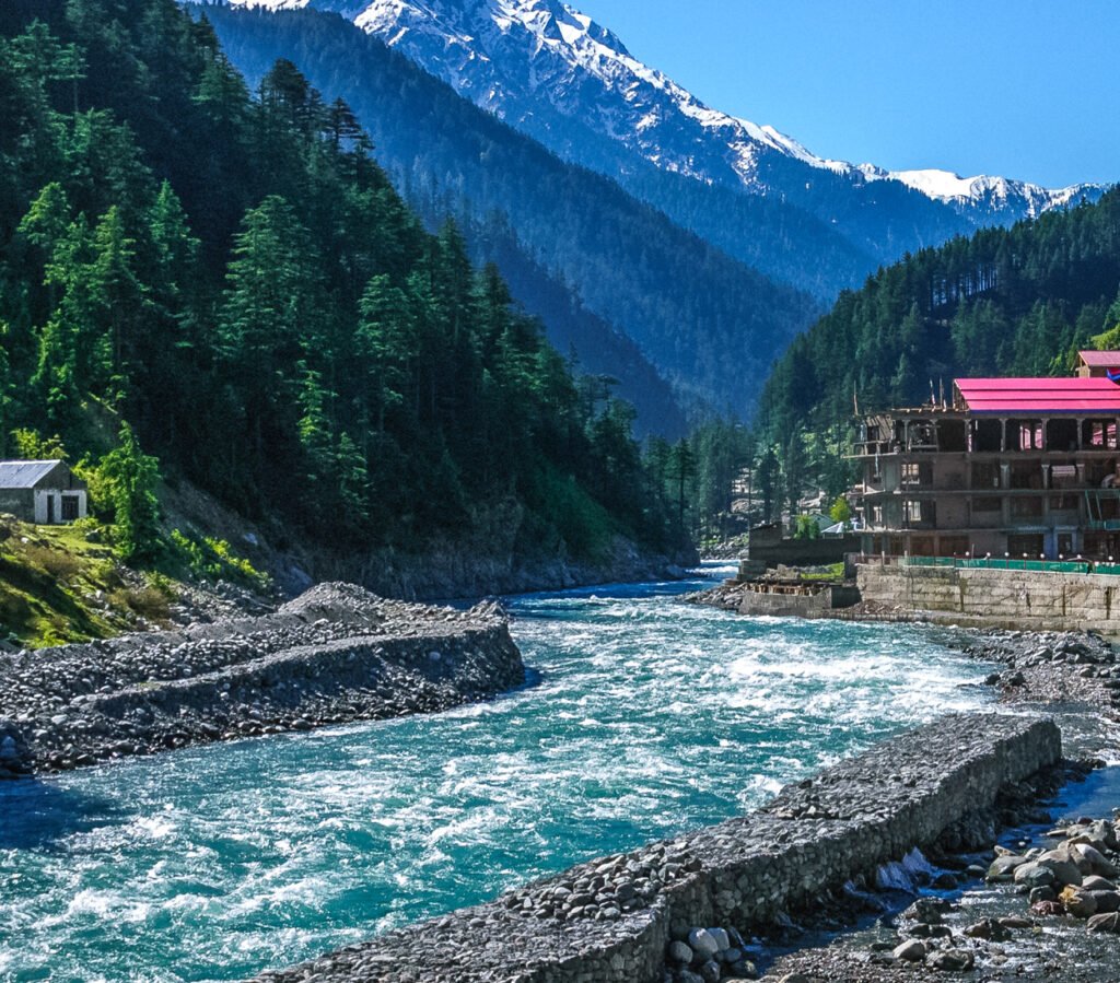Panoramic view of Swat Valley, showcasing lush green meadows, rivers, and snow-capped mountains