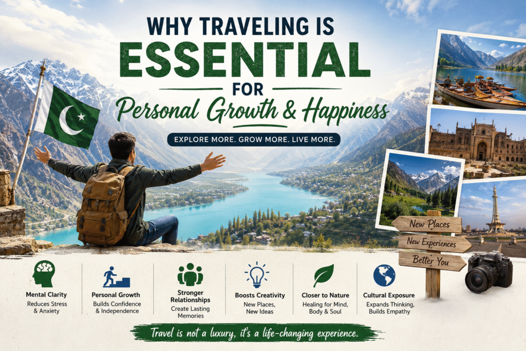 Pakistani traveler enjoying the scenic mountains of Hunza highlighting how travel supports personal growth, happiness, and mental well-being.