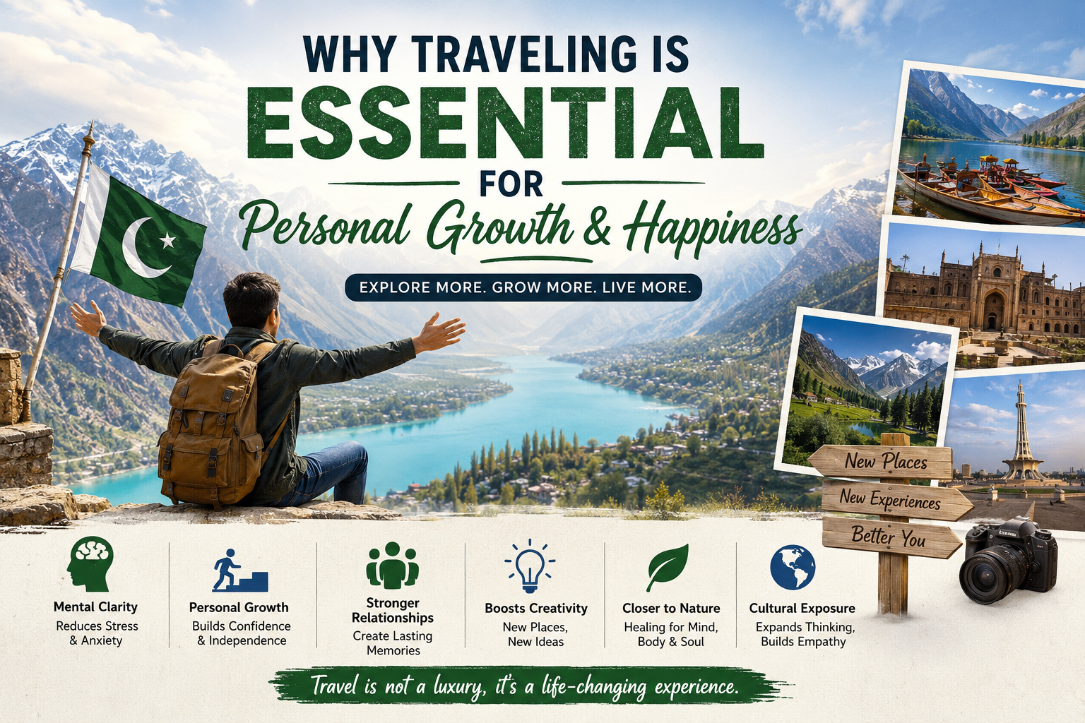 Pakistani traveler enjoying the scenic mountains of Hunza highlighting how travel supports personal growth, happiness, and mental well-being.