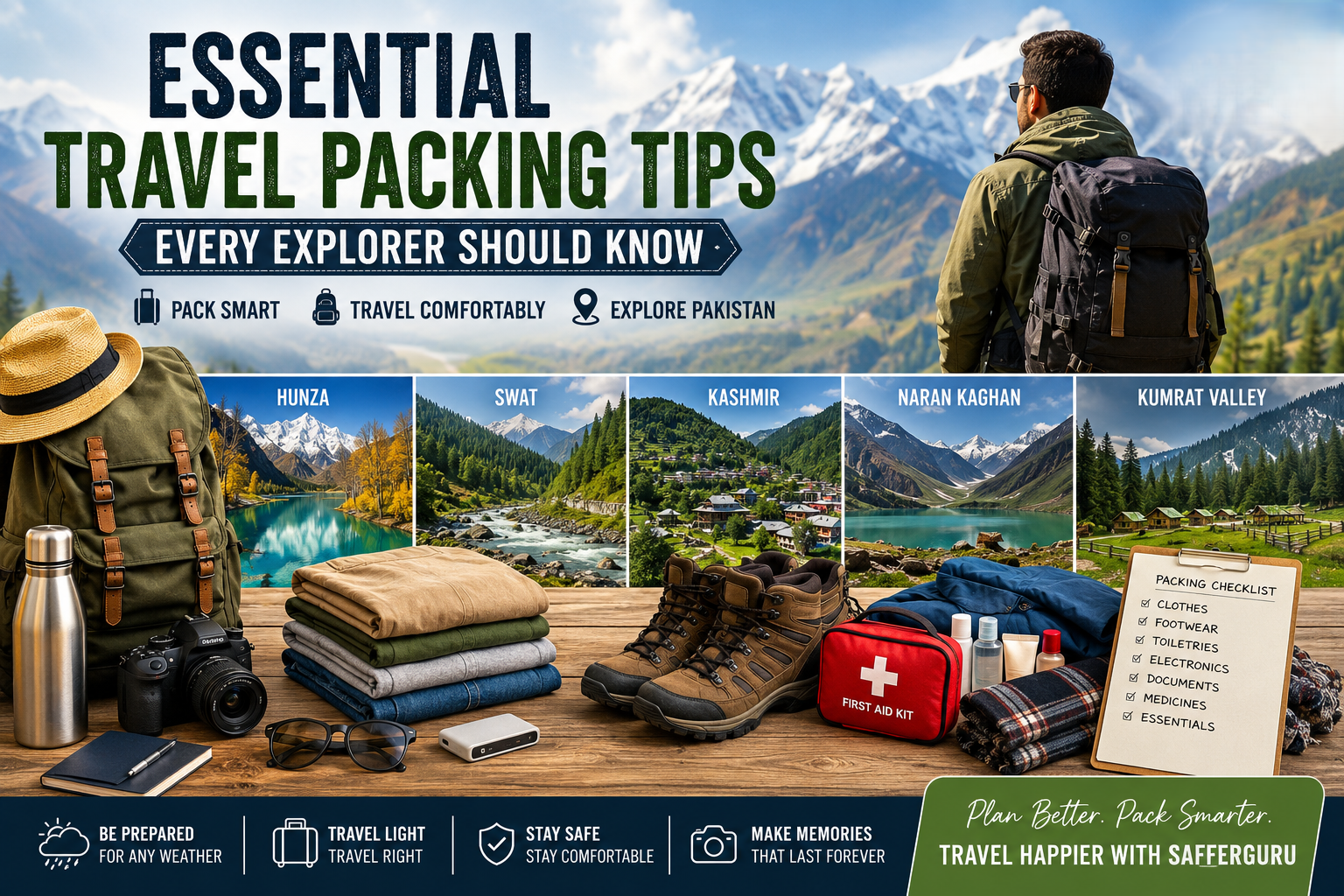 Travel packing essentials for exploring Pakistan, featuring Hunza, Swat, Kashmir, Naran Kaghan, and Kumrat Valley with hiking gear and mountain landscapes.