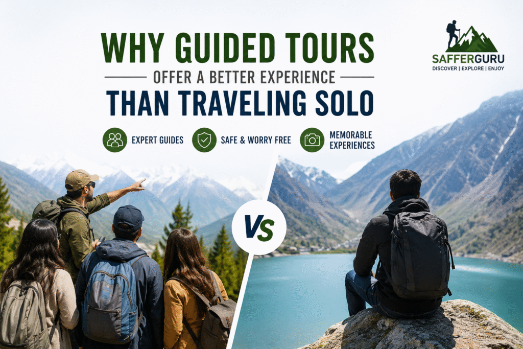 Guided tour group exploring Pakistan's northern mountains alongside a solo traveler, highlighting the benefits of guided tours for a safe and memorable travel experience.