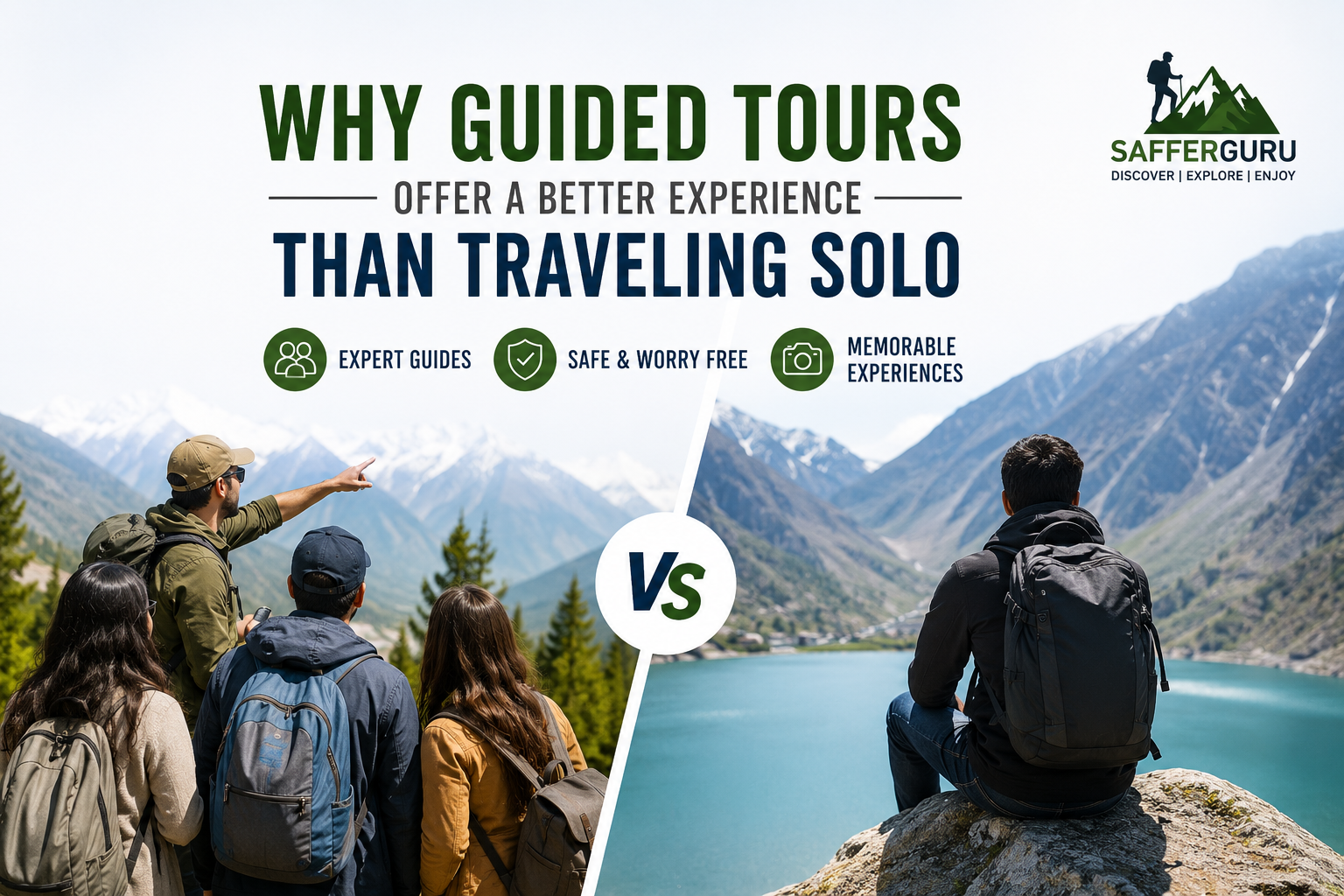 Guided tour group exploring Pakistan's northern mountains alongside a solo traveler, highlighting the benefits of guided tours for a safe and memorable travel experience.