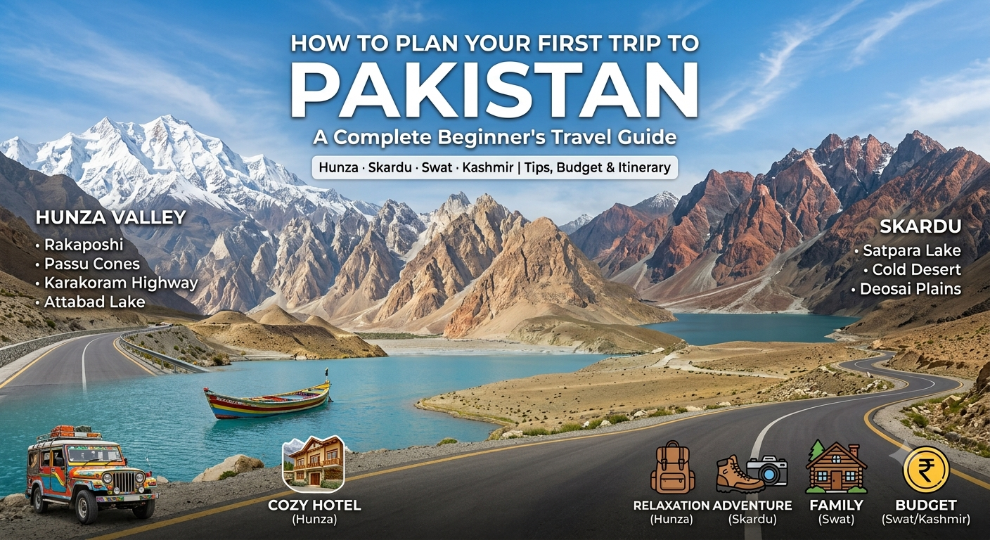 First trip travel guide Pakistan showing Hunza Valley, Skardu mountains, Swat Valley greenery, and Murree hills for beginners travel planning