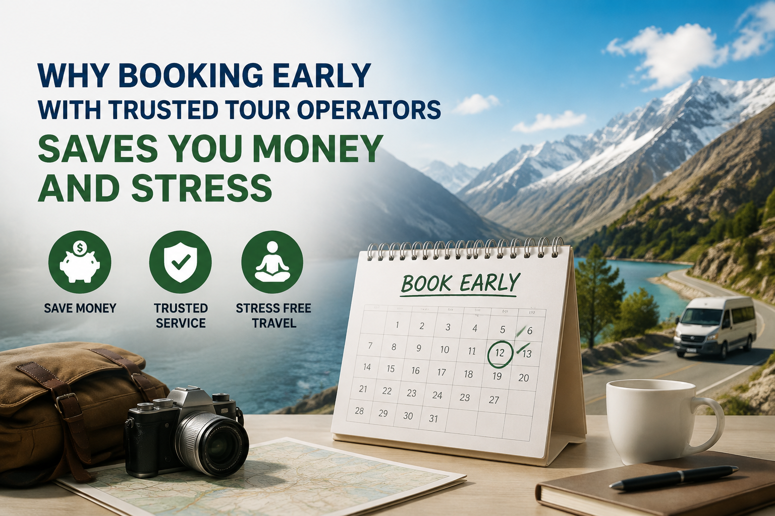 Travel planning scene showing a calendar, backpack, camera, and mountain destination highlighting early booking with trusted tour operators for a stress-free Pakistan northern tour